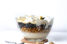 Bowl of yogurt with granola, blueberries, and bananas